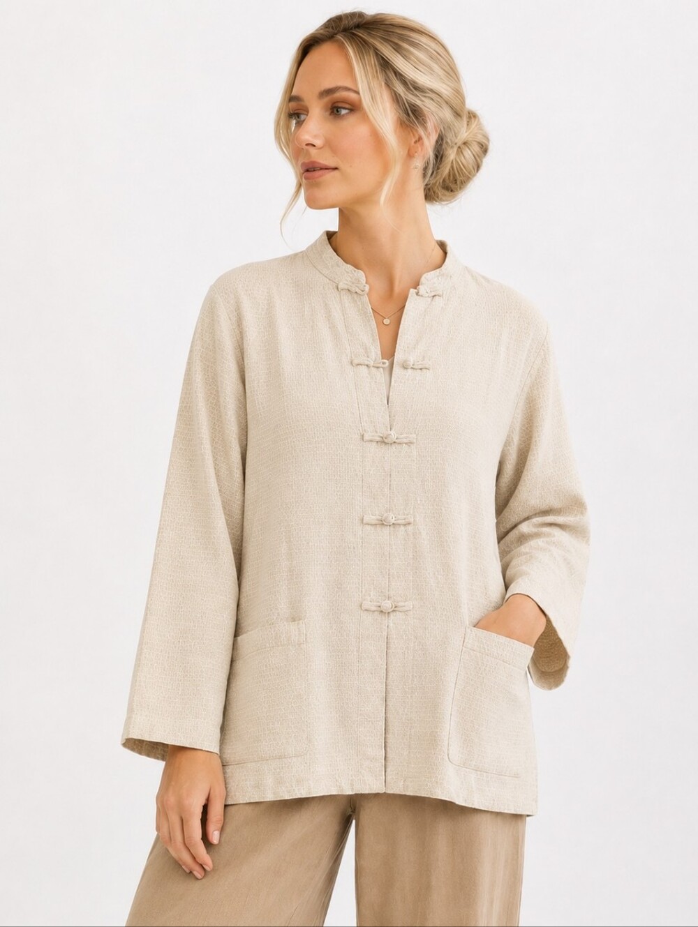 Eileen Fisher 100% Linen Textured Toggle Front Mandarin Tunic S